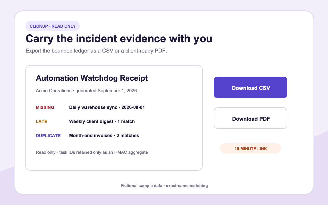 Automation incident evidence receipt export