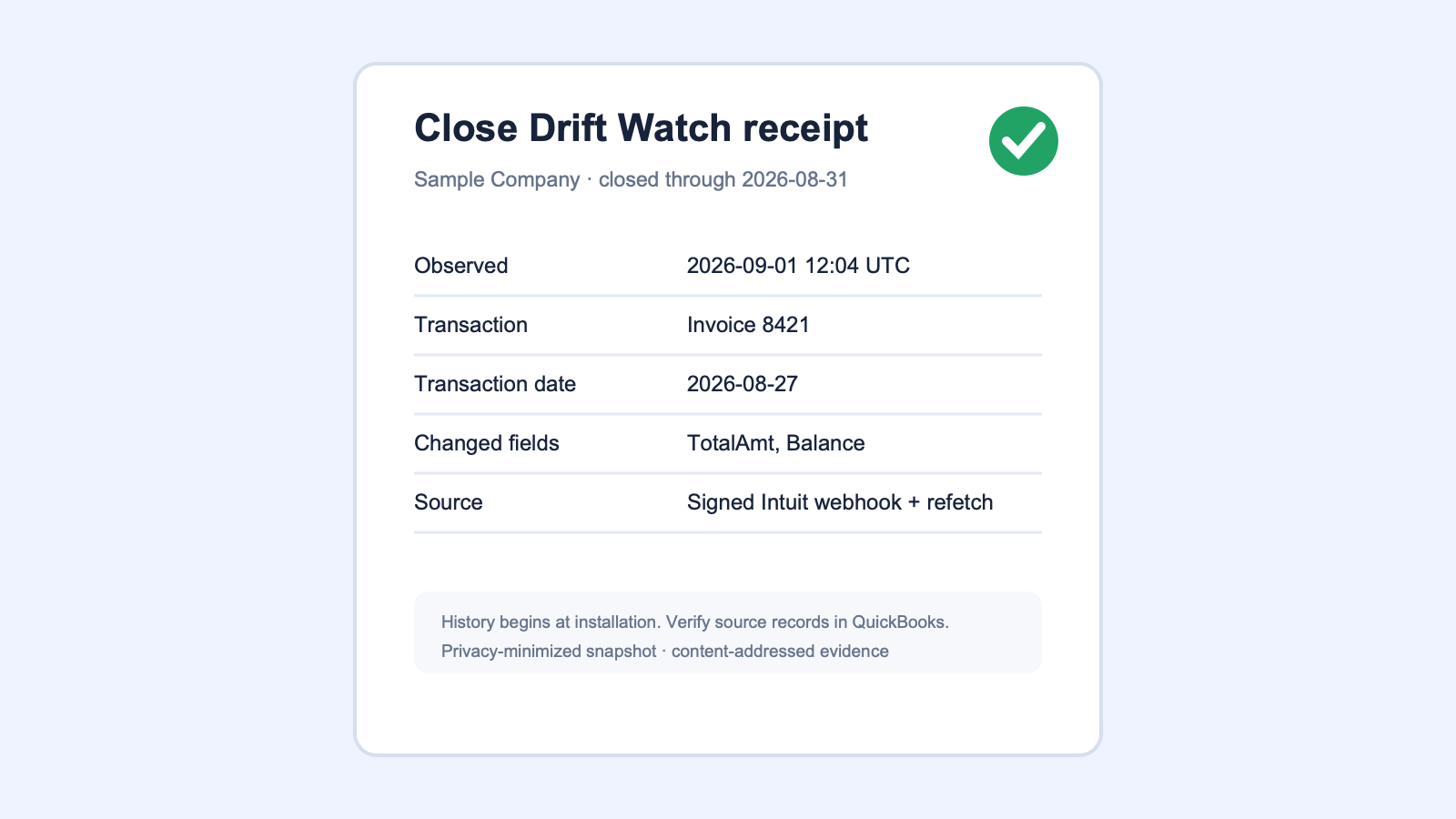 QuickBooks change evidence receipt