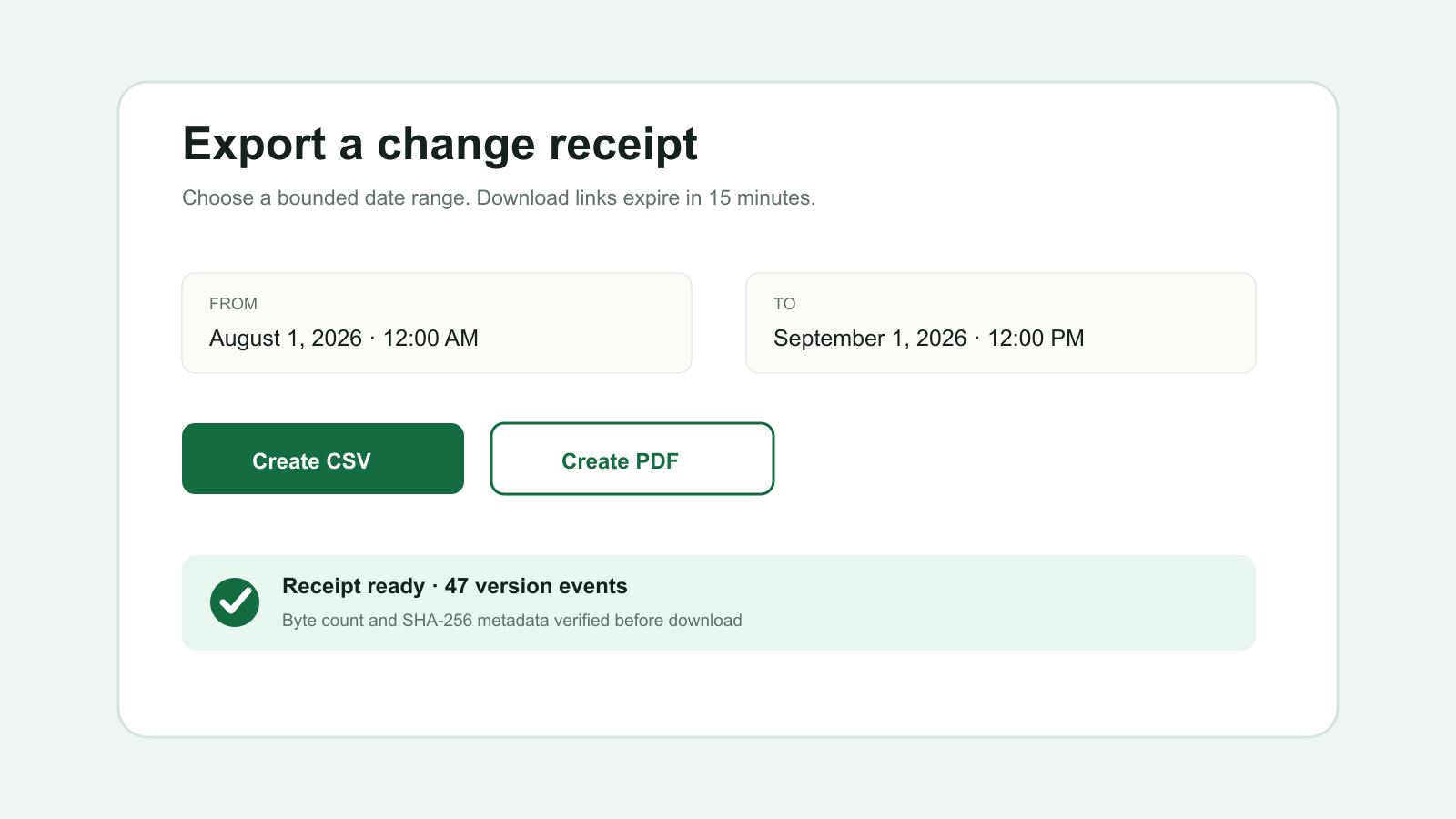 CSV and PDF audit receipt export controls