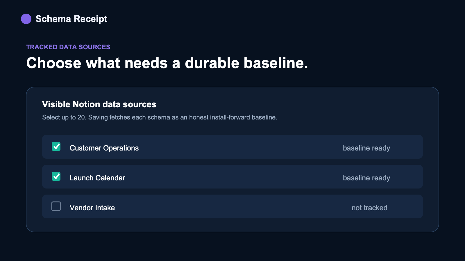 Schema Receipt source selection dashboard