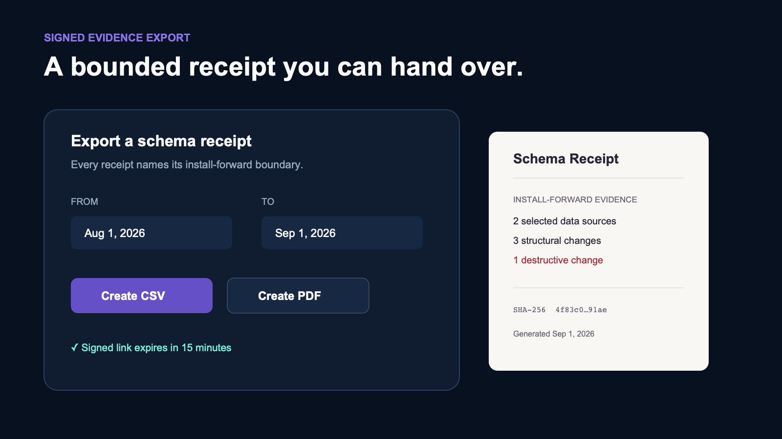 Signed CSV and PDF schema receipt export