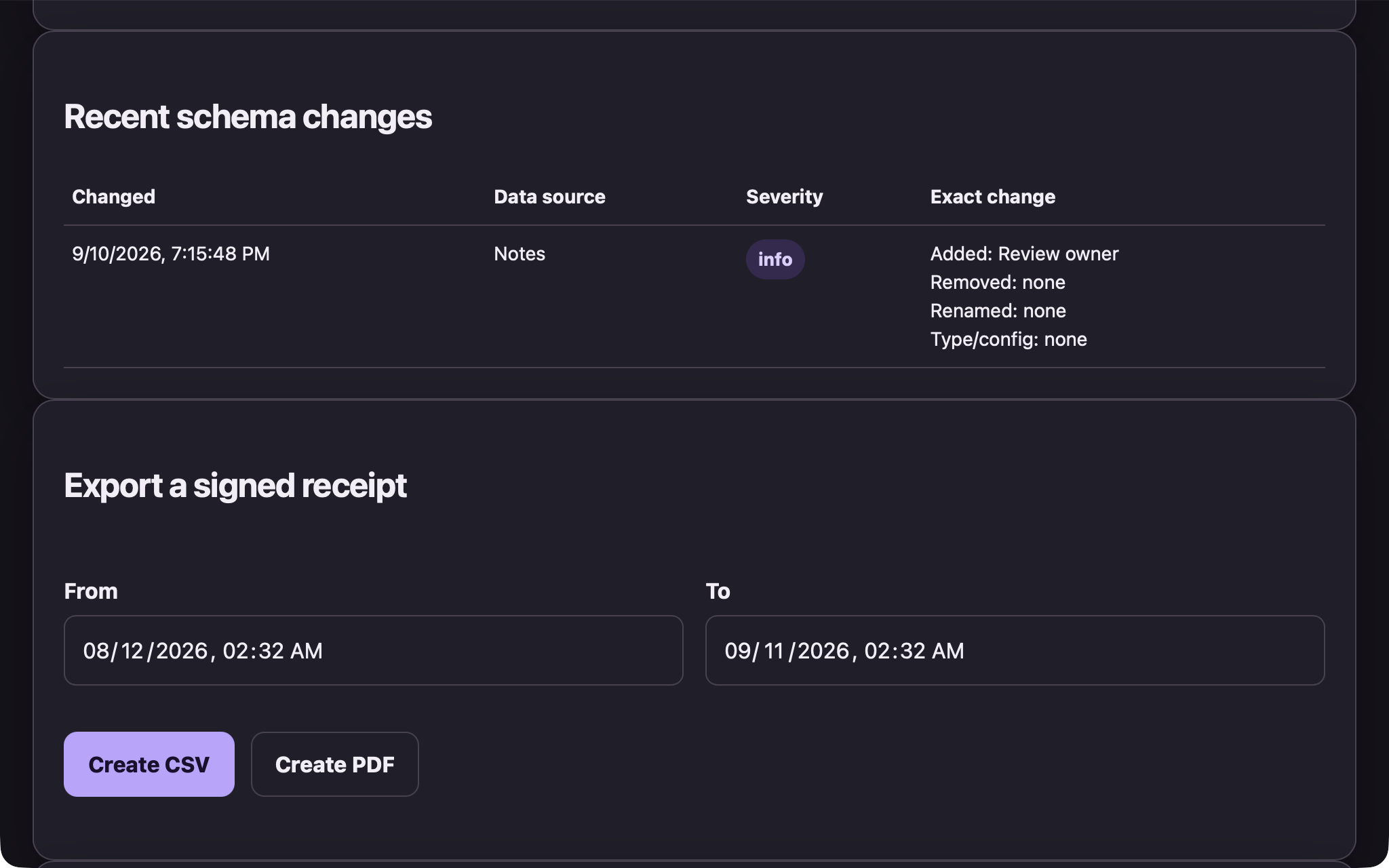 Integrity-checked CSV and PDF schema receipt export
